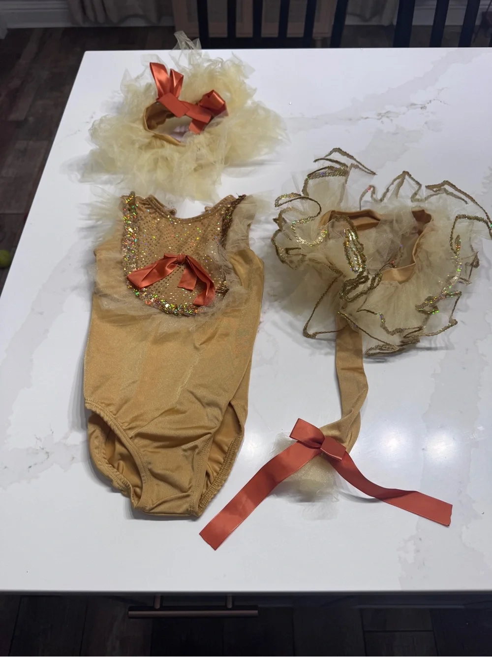 Gold Tulle Kids Costume Leotard with Orange Bows